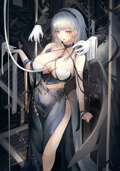 Anime picture 1400x2000 with azur lane dido (azur lane) dido (anxious bisque doll) (azur lane) yusha (m-gata) long hair tall image looking at viewer blush fringe breasts open mouth light erotic red eyes large breasts standing bare shoulders silver hair blunt bangs holding hands solo focus