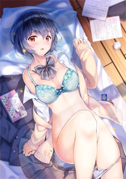 Anime picture 900x1273 with zombie land saga mappa mizuno ai rei (rei's room) single tall image looking at viewer blush fringe short hair breasts open mouth light erotic hair between eyes red eyes payot blue hair bent knee (knees) lying from above