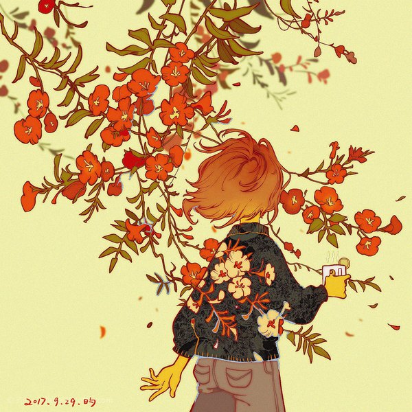 Anime picture 1800x1800 with undertale frisk (undertale) diesel.2b (artist) single highres short hair simple background from behind orange hair back floral print dated yellow background androgynous 2017 yellow skin flower (flowers) leaf (leaves) pants sweater