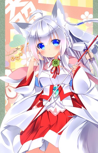 Anime picture 768x1200 with original autumn dawn single long hair tall image blush blue eyes smile holding animal ears silver hair ahoge tail traditional clothes animal tail fox ears hieroglyph fox tail fox girl new year