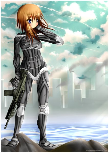 Anime picture 2518x3545 with crysis original lazy-remnant (artist) single tall image blush highres short hair blue eyes brown hair standing sky cloud (clouds) smoke girl weapon water gun bodysuit assault rifle