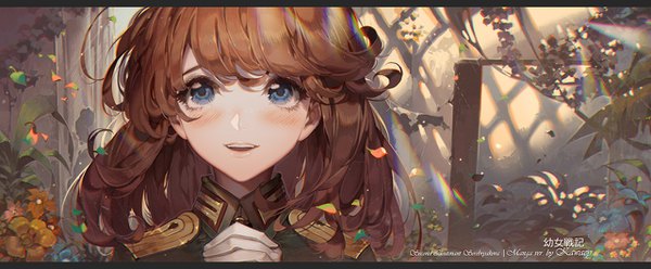 Anime picture 1280x530 with youjo senki viktoriya ivanovna serebryakov kawacy single long hair blush fringe open mouth blue eyes brown hair wide image signed looking away teeth copyright name character names letterboxed looking up close-up girl