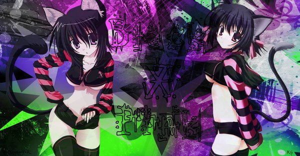 Anime picture 2000x1043 with k.g highres light erotic black hair wide image purple eyes multiple girls animal ears tail cat girl girl thighhighs black thighhighs 2 girls shorts