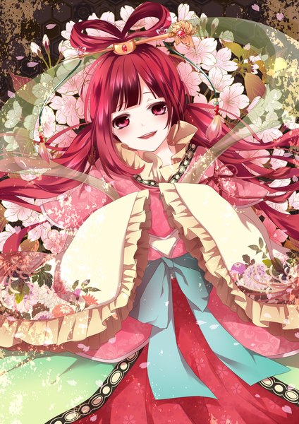 Anime picture 1300x1838 with magi the labyrinth of magic a-1 pictures ren kougyoku an-mar (tukumoooon) single long hair tall image looking at viewer blush open mouth red eyes red hair traditional clothes japanese clothes girl hair ornament flower (flowers) petals kimono