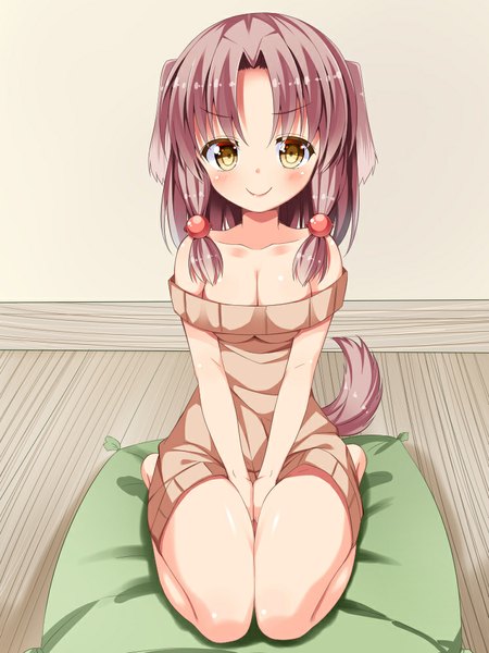 Anime picture 750x1000 with original asa no ha single long hair tall image looking at viewer blush smile sitting animal ears yellow eyes purple hair tail animal tail girl hair ornament pillow hair tie hair bobbles