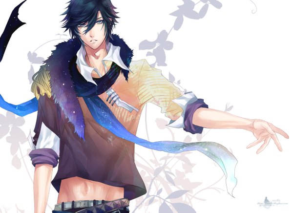 Anime picture 1280x931 with uta no prince-sama a-1 pictures ichinose tokiya stells single short hair black hair white background grey eyes wallpaper twisty sleeves boy navel plant (plants) scarf hands