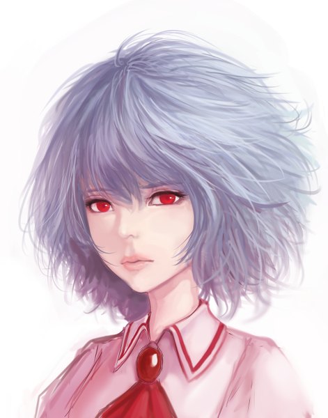 Anime picture 1100x1400 with touhou remilia scarlet hiiragijuu single tall image looking at viewer fringe short hair simple background hair between eyes payot blue hair upper body lips realistic portrait expressionless messy hair no hat girl