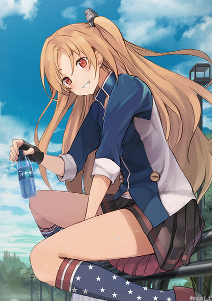 Anime picture 1158x1637 with azur lane cleveland (azur lane) yu ni t single long hair tall image looking at viewer blush fringe blonde hair smile red eyes sitting holding sky cloud (clouds) outdoors parted lips pleated skirt fingernails