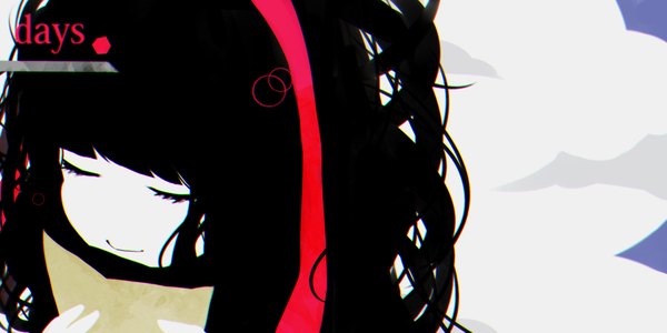Anime picture 1800x900 with kagerou project days (kagerou project) shaft (studio) azami (kagerou project) pocoll single long hair fringe highres black hair smile wide image sky cloud (clouds) blunt bangs eyes closed from above copyright name close-up girl