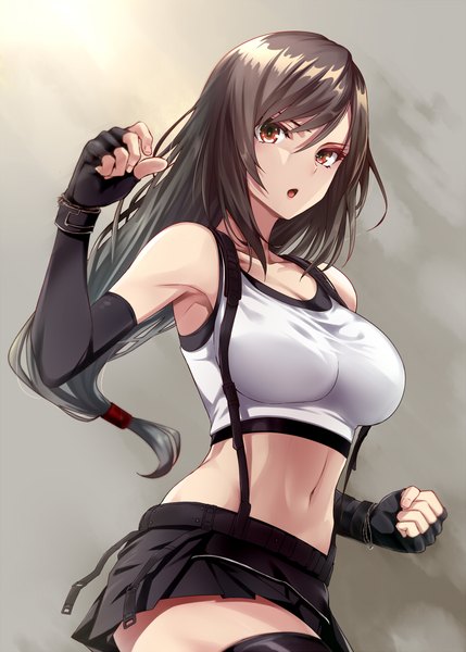 Anime picture 800x1119 with final fantasy final fantasy vii final fantasy vii remake square enix tifa lockhart simon (n.s craft) single long hair tall image looking at viewer fringe breasts open mouth simple background hair between eyes brown hair standing bare shoulders brown eyes nail polish