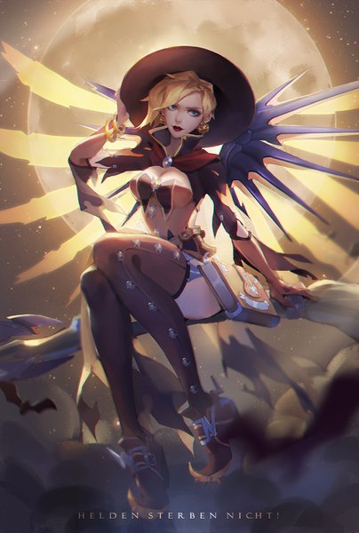 Anime picture 1000x1484 with overwatch blizzard entertainment mercy (overwatch) witch mercy dywx poison single tall image short hair blue eyes blonde hair sitting looking away cleavage full body alternate costume lipstick halloween flying red lipstick adjusting hat