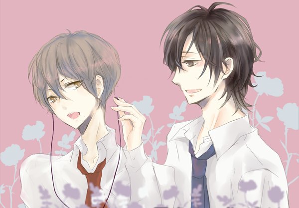 Anime picture 1060x737 with seven days (manga) yuzuru shino touji seryou takarai rihito short hair open mouth simple background smile brown hair brown eyes yellow eyes profile looking back light smile multiple boys couple pink background open collar silhouette hand on headphones