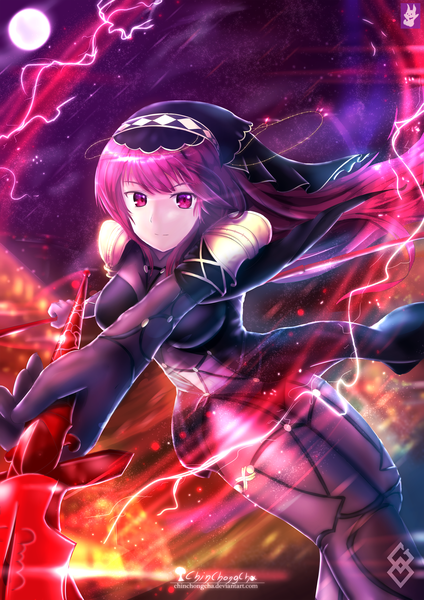 Anime picture 2000x2829 with fate (series) fate/grand order scathach (fate) (all) scathach (fate) chinchongcha single long hair tall image looking at viewer highres purple eyes holding signed purple hair covered navel watermark dual wielding girl weapon moon