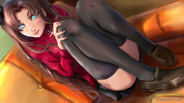 Anime picture 1920x1080 with fate (series) fate/stay night type-moon toosaka rin jaezx single long hair looking at viewer highres blue eyes brown hair wide image sitting brown eyes head tilt pleated skirt fingernails light smile lips girl