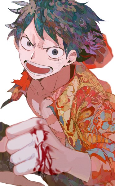Anime picture 2365x3824 with one piece one piece film: z toei animation monkey d. luffy yadu nadu single tall image looking at viewer highres short hair open mouth black hair simple background white background :d black eyes teeth scar boy blood