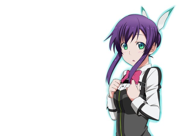 Anime picture 1280x960 with aquarion (series) aquarion evol satelight mikono suzushiro long hair blush open mouth simple background white background green eyes purple hair girl bowtie