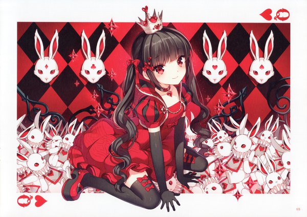 Anime picture 4182x2960 with alice in wonderland queen of hearts nardack single looking at viewer fringe highres black hair red eyes sitting twintails absurdres light smile alternate costume low twintails black background red background girl thighhighs dress