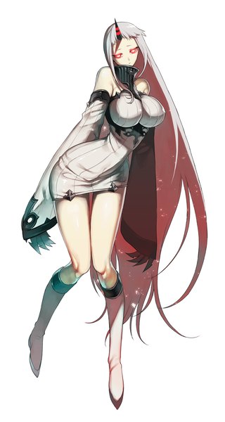 Anime picture 1029x1930 with kantai collection seaport hime wadani hitonori single tall image fringe breasts light erotic simple background red eyes large breasts white background bare shoulders silver hair full body very long hair horn (horns) arched back shinkaisei-kan girl