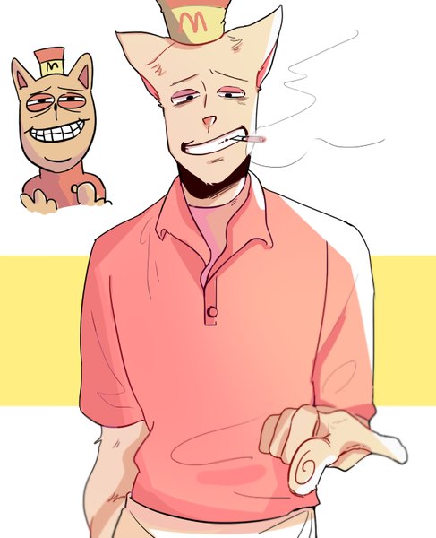 Anime picture 650x800 with undertale burgerpants (undertale) sa poon tall image looking at viewer smile animal ears upper body black eyes smoke smoking dual persona pointing smirk crazy smile pointing at viewer boy hat apron cigarette