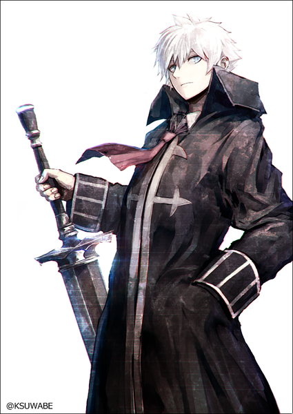 Anime picture 629x888 with fate (series) fate/grand order charles henri sanson (fate/grand order) k-suwabe single tall image looking at viewer fringe short hair blue eyes simple background hair between eyes standing white background holding signed white hair twitter username hand in pocket boy