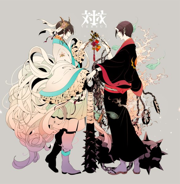 Anime picture 1281x1312 with hoozuki no reitetsu wit studio hoozuki (hoozuki no reitetsu) hakutaku (hoozuki no reitetsu) ivxxx tall image looking at viewer short hair brown hair standing purple hair full body long sleeves traditional clothes profile horn (horns) pointy ears grey background wide sleeves multiple boys