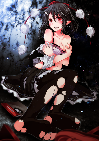 Anime picture 1061x1500 with touhou shameimaru aya s-syogo single tall image blush short hair open mouth light erotic black hair red eyes pointy ears legs torn clothes torn pantyhose girl hat pantyhose lingerie bra