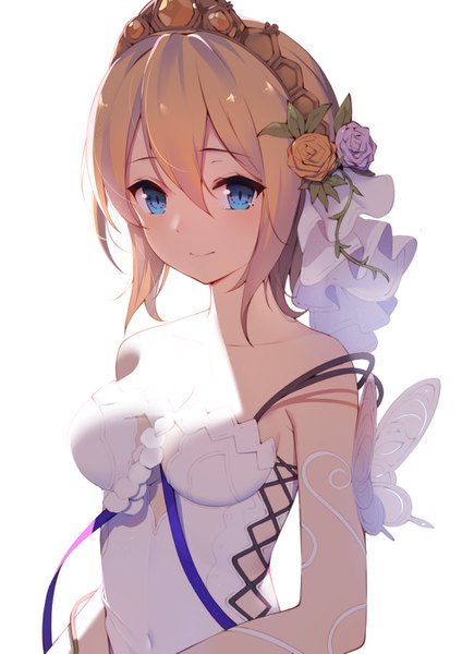 Anime picture 992x1403 with granblue fantasy europa (granblue fantasy) gin00 single tall image looking at viewer blush fringe short hair breasts blue eyes blonde hair simple background smile hair between eyes white background cleavage upper body hair flower covered navel