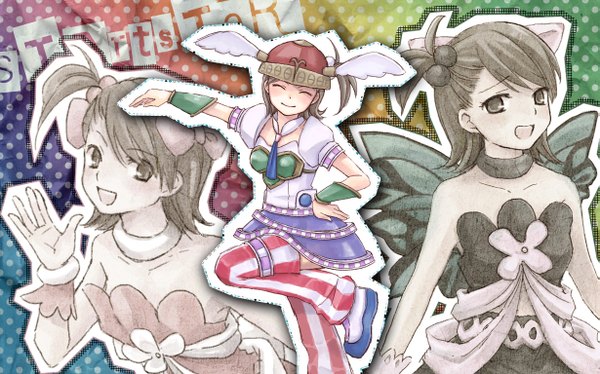 Anime picture 1229x768 with idolmaster futami mami futami ami mu (artist) short hair brown hair wide image bare shoulders brown eyes animal ears cat ears hand on hip one side up ^ ^ siblings head wings twins cosmic & funny (idolmaster) wings