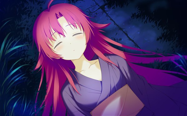 Anime picture 2048x1280 with irotoridori no sekai minami kana (irotoridori) shida kazuhiro long hair highres wide image game cg red hair eyes closed japanese clothes girl kimono