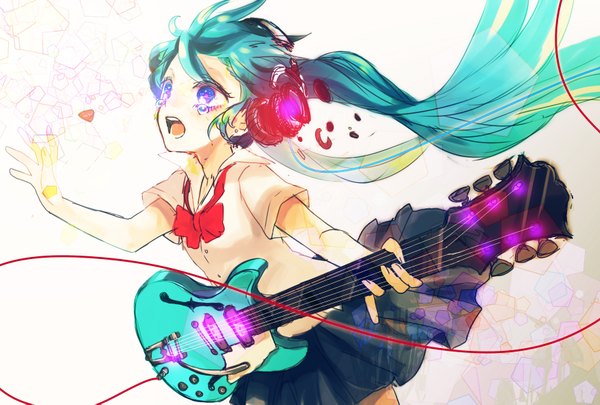 Anime picture 1748x1181 with vocaloid hatsune miku totsu hon (artist) single long hair highres blue eyes twintails aqua hair tears crying destruction girl serafuku headphones wire (wires) guitar