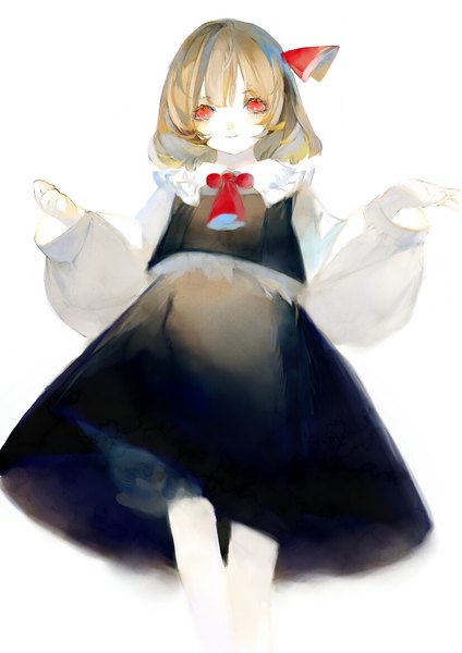 Anime picture 826x1169 with touhou rumia zhixie jiaobu single tall image looking at viewer fringe short hair simple background blonde hair hair between eyes red eyes white background light smile wide sleeves from below girl skirt ribbon (ribbons) hair ribbon