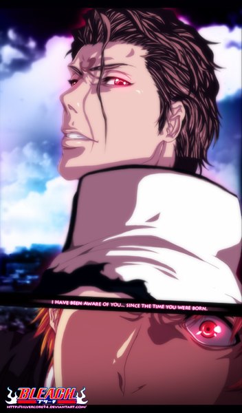 Anime picture 587x1000 with bleach studio pierrot kurosaki ichigo aizen sousuke silvercore94 tall image short hair red eyes brown hair sky cloud (clouds) traditional clothes japanese clothes looking back orange hair inscription coloring close-up manga boy