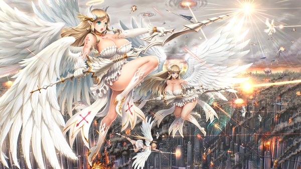 Anime picture 1920x1080 with original youbou long hair highres breasts open mouth light erotic blonde hair wide image large breasts bare shoulders multiple girls holding looking away sky cleavage cloud (clouds) full body bent knee (knees) ponytail