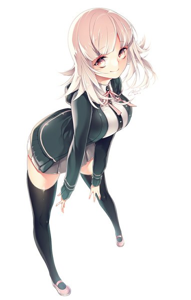 Anime picture 700x1100 with dangan ronpa nanami chiaki mirunai single tall image looking at viewer short hair simple background smile white background full body white hair silver eyes girl thighhighs skirt black thighhighs jacket