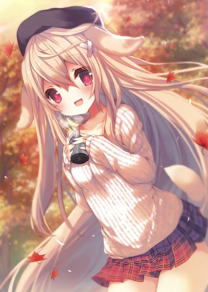 Anime picture 2494x3500 with original p19 single tall image looking at viewer blush fringe highres open mouth blonde hair hair between eyes red eyes animal ears very long hair scan plaid skirt girl skirt miniskirt leaf (leaves)