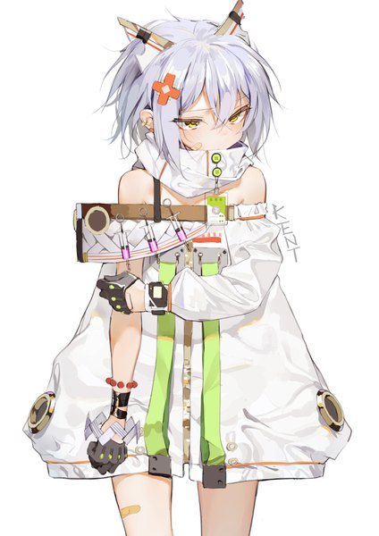 Anime picture 2480x3507 with original kentllaall single tall image blush fringe highres short hair simple background hair between eyes standing white background bare shoulders signed yellow eyes looking away silver hair piercing ear piercing bandaid on face