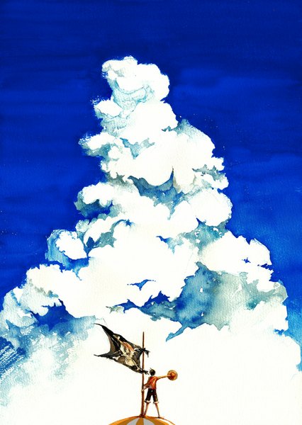 Anime picture 568x800 with one piece toei animation monkey d. luffy kusaco (artist) single tall image short hair black hair sky cloud (clouds) wind from behind traditional media watercolor (medium) boy hat shorts straw hat blackjack