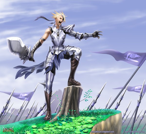Anime picture 1344x1232 with anima short hair open mouth blonde hair sky cloud (clouds) spread arms warrior boy gloves weapon plant (plants) sword elbow gloves armor grass eyepatch spear flag stump