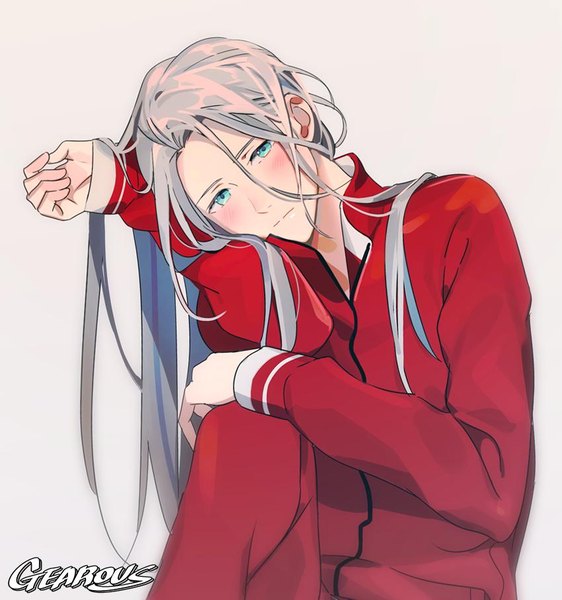 Anime picture 850x908 with yuri!!! on ice mappa viktor nikiforov gearous single long hair tall image looking at viewer blush fringe blue eyes simple background hair between eyes sitting signed silver hair head tilt grey background hand on knee alternate age