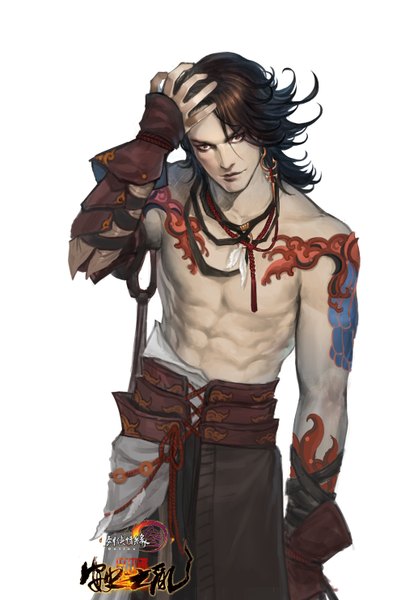 Anime picture 991x1482 with original quaanqin single long hair tall image looking at viewer simple background red eyes brown hair white background inscription tattoo topless hand on head muscle lacing boy earrings choker feather (feathers)