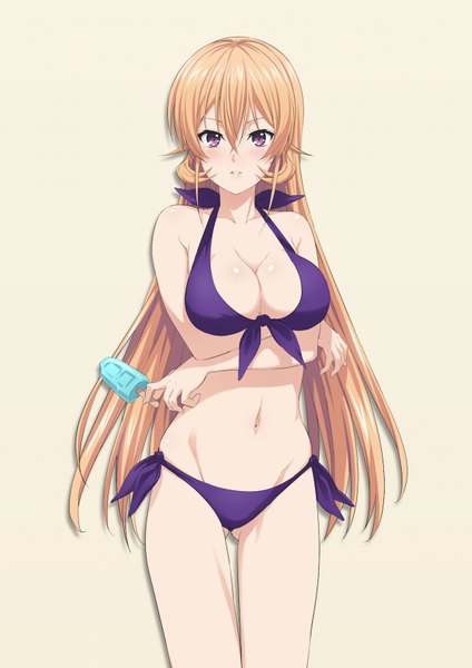 Anime picture 1191x1684 with shokugeki no soma j.c. staff nakiri erina puma (hyuma1219) single long hair tall image blush fringe breasts light erotic blonde hair hair between eyes white background purple eyes bare shoulders cleavage bare legs bare belly girl