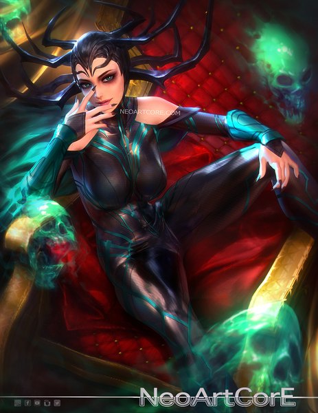 Anime picture 900x1165 with thor marvel comics hela (marvel) nudtawut thongmai single tall image looking at viewer breasts sitting bare shoulders green eyes fingernails realistic watermark long fingernails eyeshadow hand on knee girl bodysuit skull