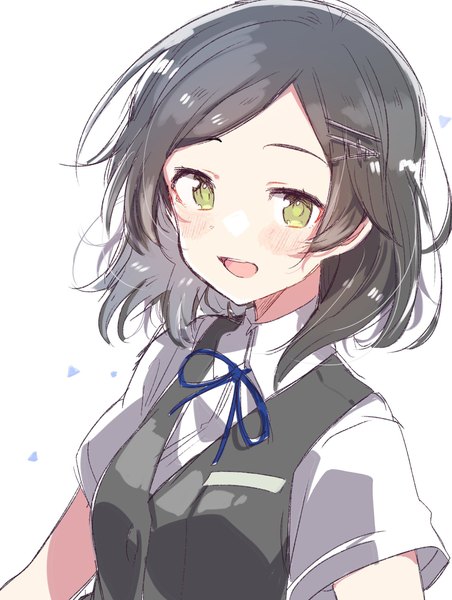 Anime picture 1542x2048 with kantai collection kuroshio destroyer takeshima eku single tall image blush short hair open mouth black hair simple background white background green eyes looking away upper body :d remodel (kantai collection) girl uniform school uniform bobby pin