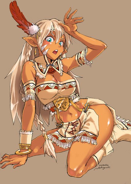 Anime picture 800x1122 with original nekoguchi single long hair tall image blush fringe breasts open mouth blue eyes light erotic simple background cleavage braid (braids) pointy ears grey hair arm support midriff dark skin native american