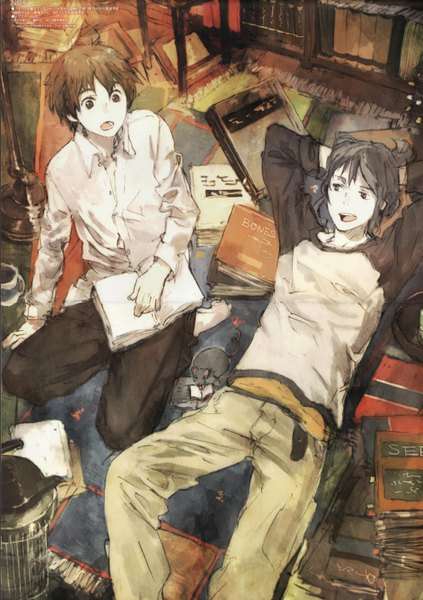 Anime picture 1129x1600 with no.6 studio bones nezumi (no.6) shion (no.6) long hair tall image highres short hair open mouth black hair brown hair sitting purple hair lying multiple boys boy animal book (books) 2 boys cup