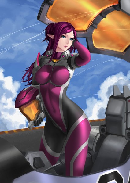 Anime picture 1400x1976 with macross macross delta mirage farina jenius vf-31j yand single long hair tall image breasts blue eyes light erotic large breasts standing looking away sky purple hair cloud (clouds) ponytail pointy ears realistic