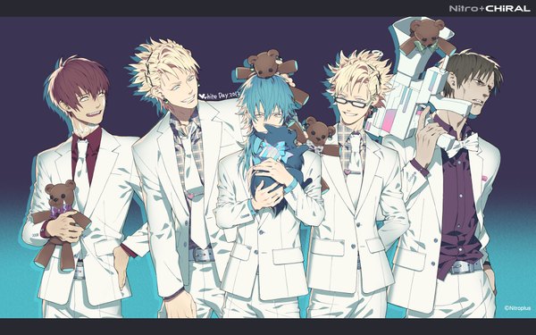 Anime picture 1920x1200 with dramatical murder nitro+chiral aoba (dmmd) ren (dmmd) trip (dramatical murder) virus (dramatical murder) mizuki (dramatical murder) honya lala long hair highres short hair blonde hair smile brown hair wide image green eyes yellow eyes blue hair inscription multiple boys