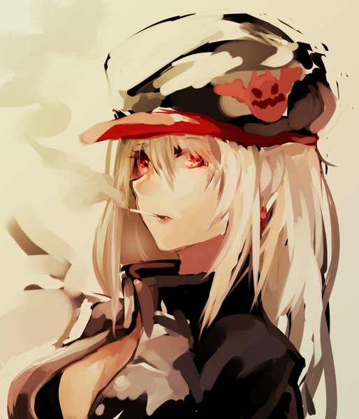 Anime picture 1200x1400 with original maido mido single long hair tall image fringe red eyes white hair open clothes open jacket close-up smoke girl jacket peaked cap cigarette