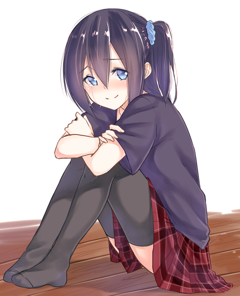 Anime picture 974x1200 with original suzunari shizuku yuki arare single tall image looking at viewer blush fringe short hair blue eyes black hair smile hair between eyes sitting full body short sleeves no shoes tears one side up plaid skirt