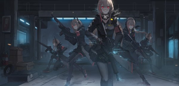 Anime picture 2476x1200 with girls frontline m4 sopmod ii (girls frontline) xukong long hair looking at viewer fringe highres hair between eyes red eyes brown hair wide image standing multiple girls holding full body indoors long sleeves pleated skirt multicolored hair arms up